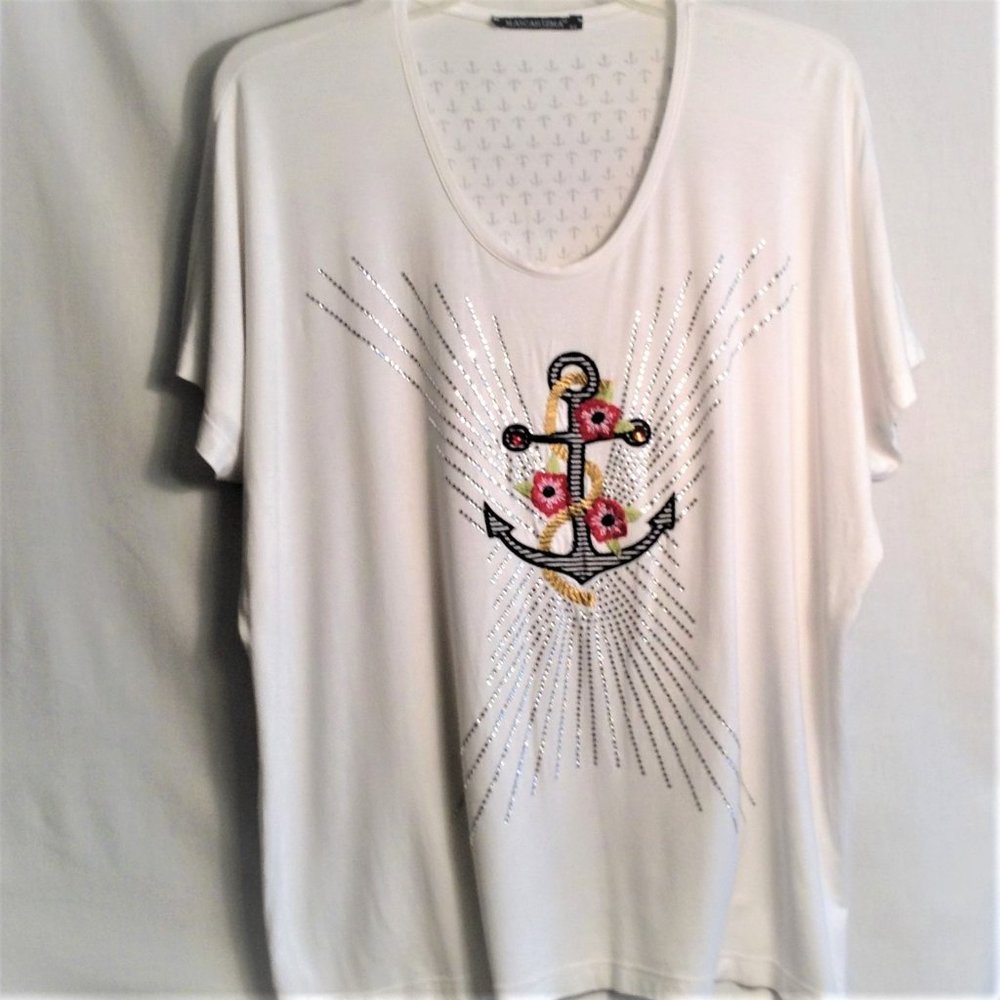 Marine motive Chic style Embellished Graphic Knit Short Sleeve T-Shirt